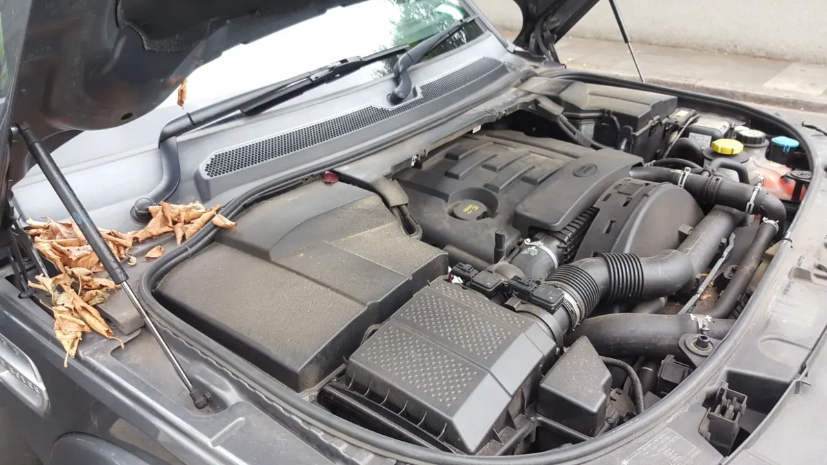 The same engine bay before cleaning, dusty and full of leaves