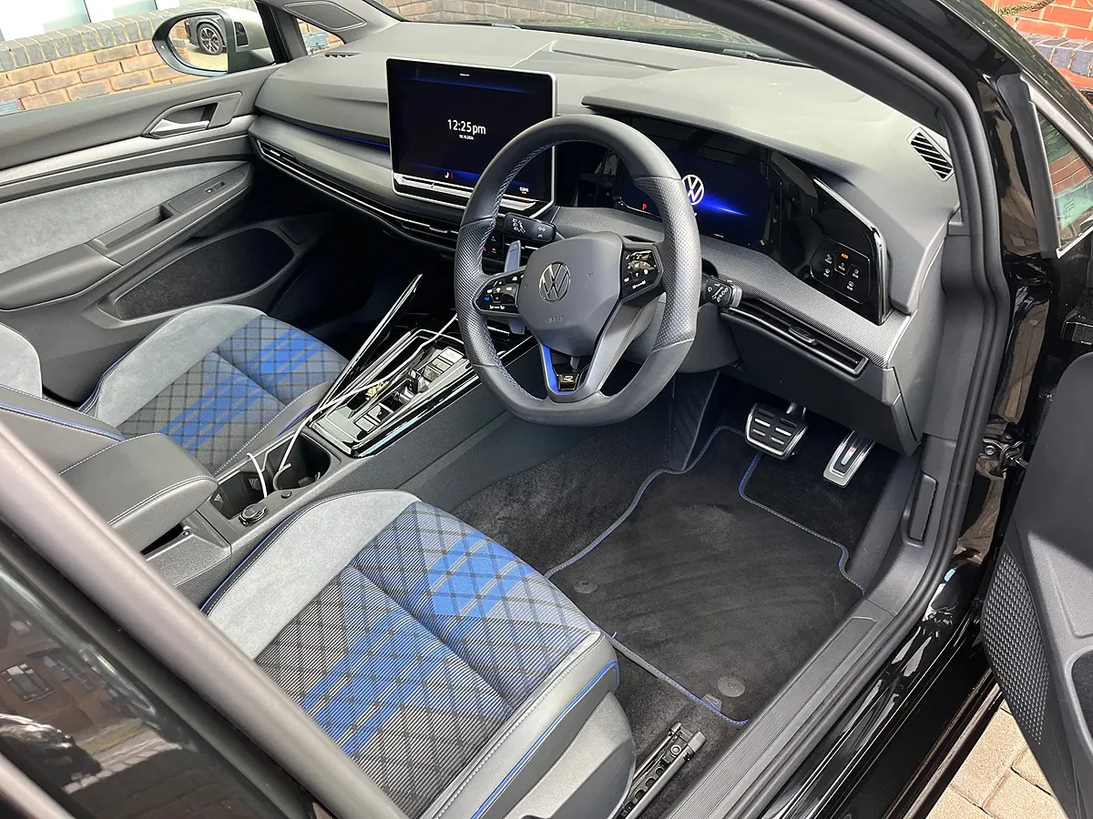 VW Golf R front cabin, blue tartan seats and floor mats cleaned
